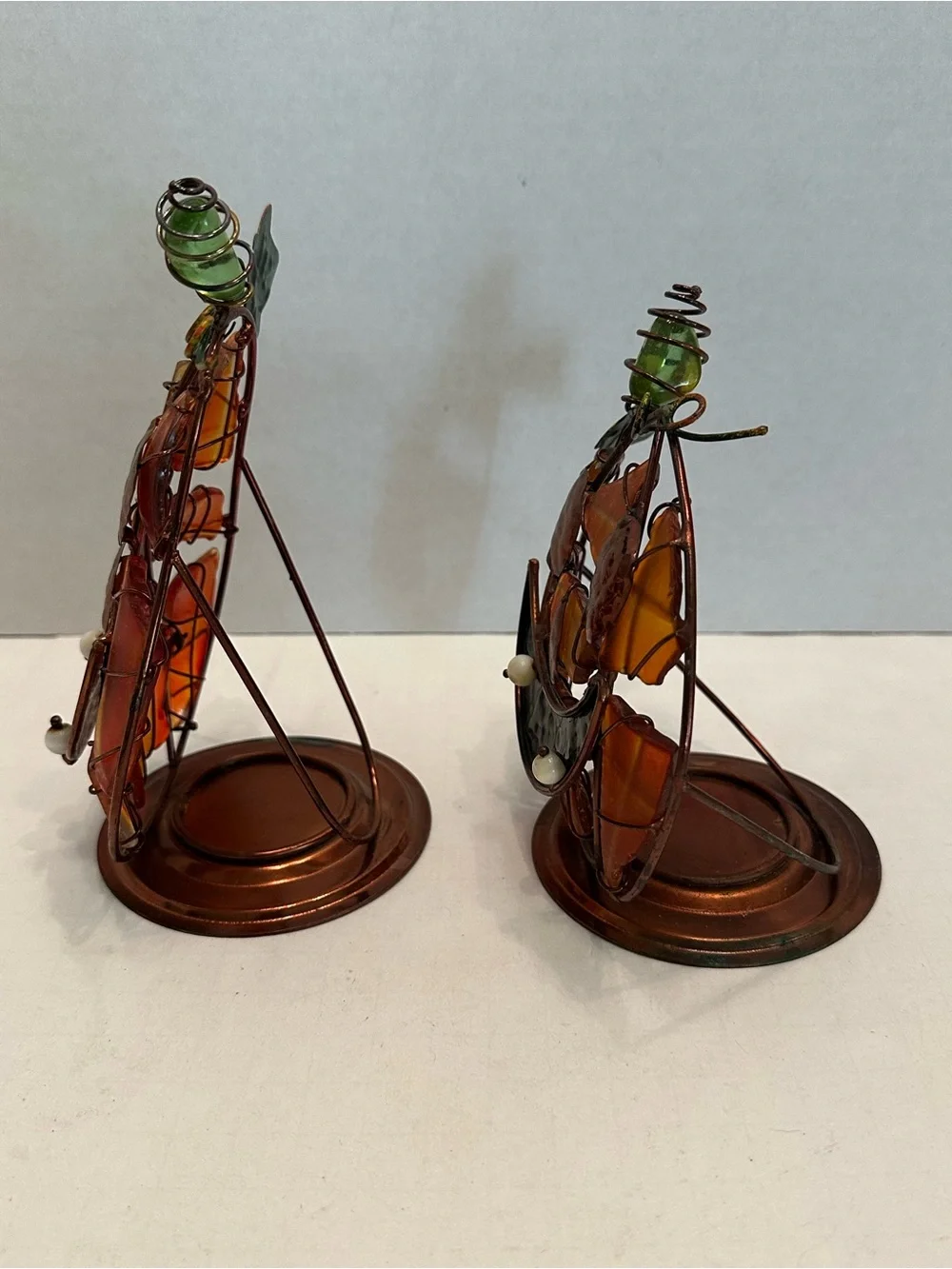 Autumn Harvest Metal Wire Wrapped Stained Glass Pumpkin Pair Jack O Lantern
